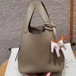 Hermes Picotin Lock 18 CM Bag Handmade In Taurillon Clemence Leather Silver Hardware 8Q Beige Marfa - Image 20