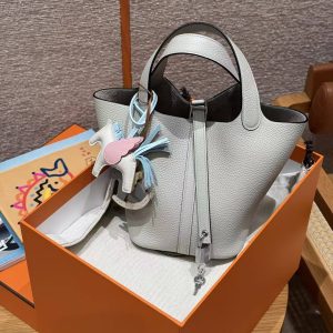 Hermes Picotin Lock 18 CM Bag Handmade In Taurillon Clemence Leather Silver Hardware 8u Blue Giacier - Image 2