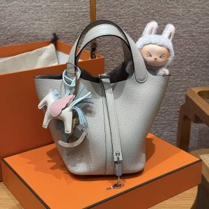 Hermes Picotin Lock 18 CM Bag Handmade In Taurillon Clemence Leather Silver Hardware 8u Blue Giacier - Image 15