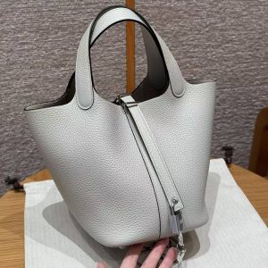 Hermes Picotin Lock 18 CM Bag Handmade In Taurillon Clemence Leather Silver Hardware 8u Blue Giacier