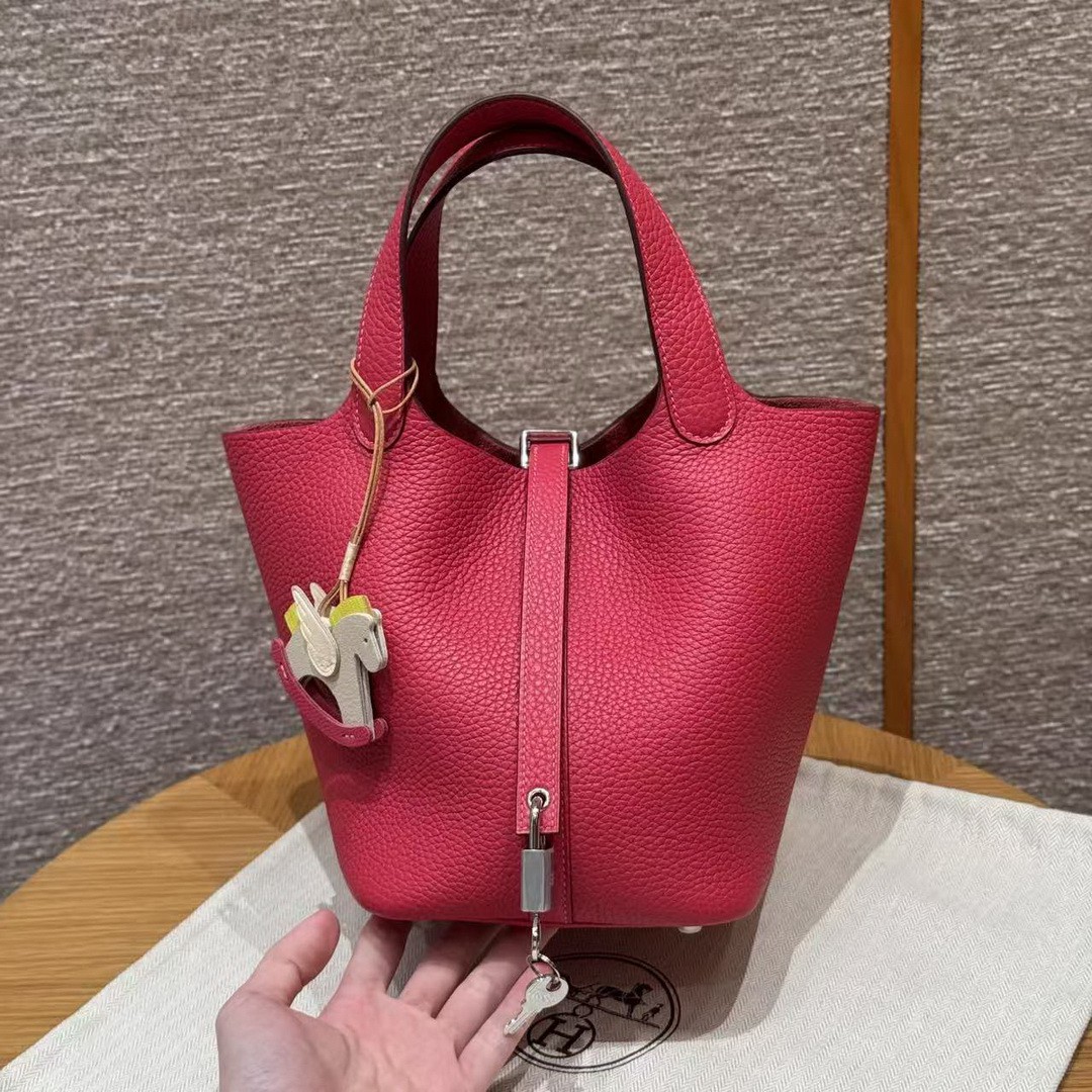 Hermes Picotin Lock 18 CM Bag Handmade In Taurillon Clemence Leather Silver Hardware 90 Framboise
