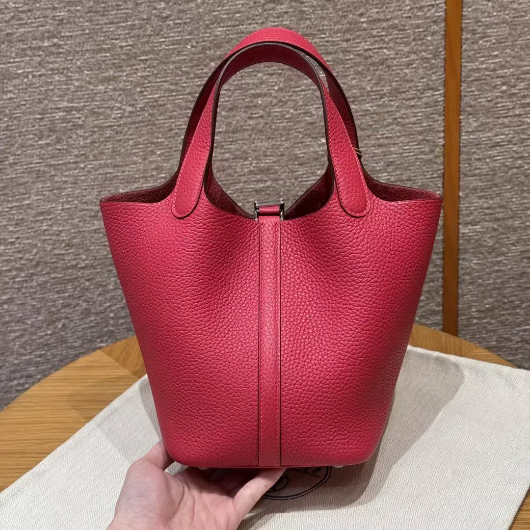 Hermes Picotin Lock 18 CM Bag Handmade In Taurillon Clemence Leather Silver Hardware 90 Framboise - Image 2