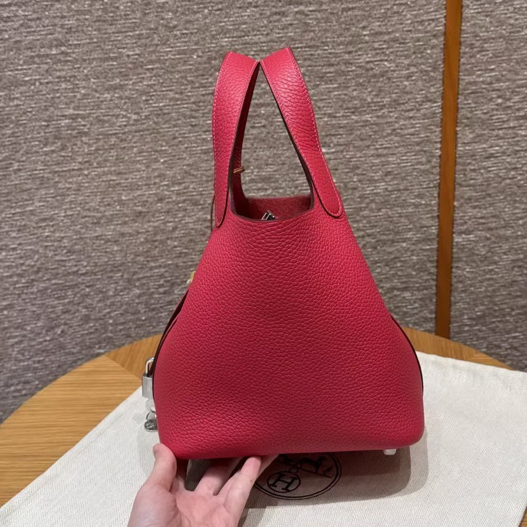 Hermes Picotin Lock 18 CM Bag Handmade In Taurillon Clemence Leather Silver Hardware 90 Framboise - Image 19