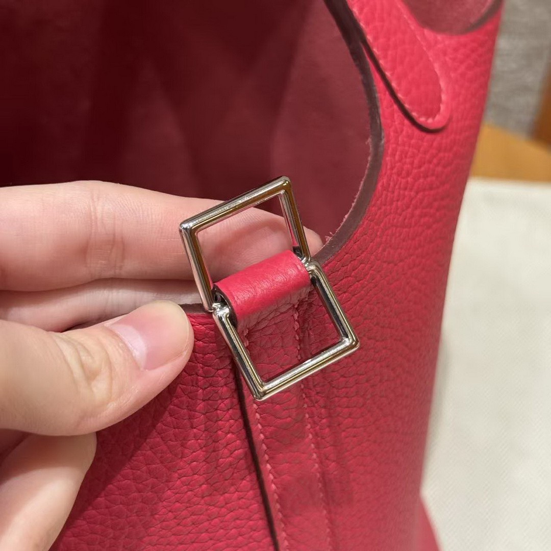 Hermes Picotin Lock 18 CM Bag Handmade In Taurillon Clemence Leather Silver Hardware 90 Framboise - Image 14