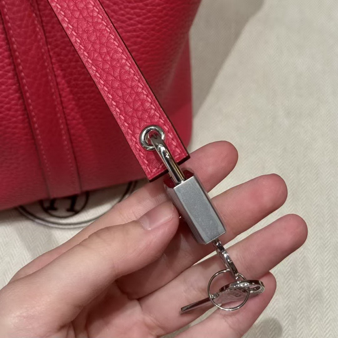 Hermes Picotin Lock 18 CM Bag Handmade In Taurillon Clemence Leather Silver Hardware 90 Framboise - Image 10