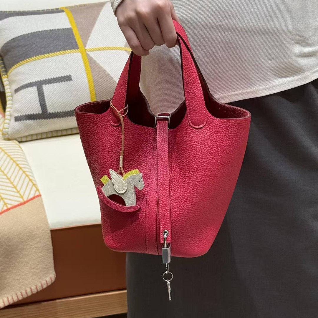 Hermes Picotin Lock 18 CM Bag Handmade In Taurillon Clemence Leather Silver Hardware 90 Framboise - Image 5