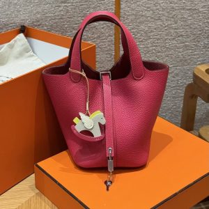 Hermes Picotin Lock 18 CM Bag Handmade In Taurillon Clemence Leather Silver Hardware 90 Framboise - Image 3