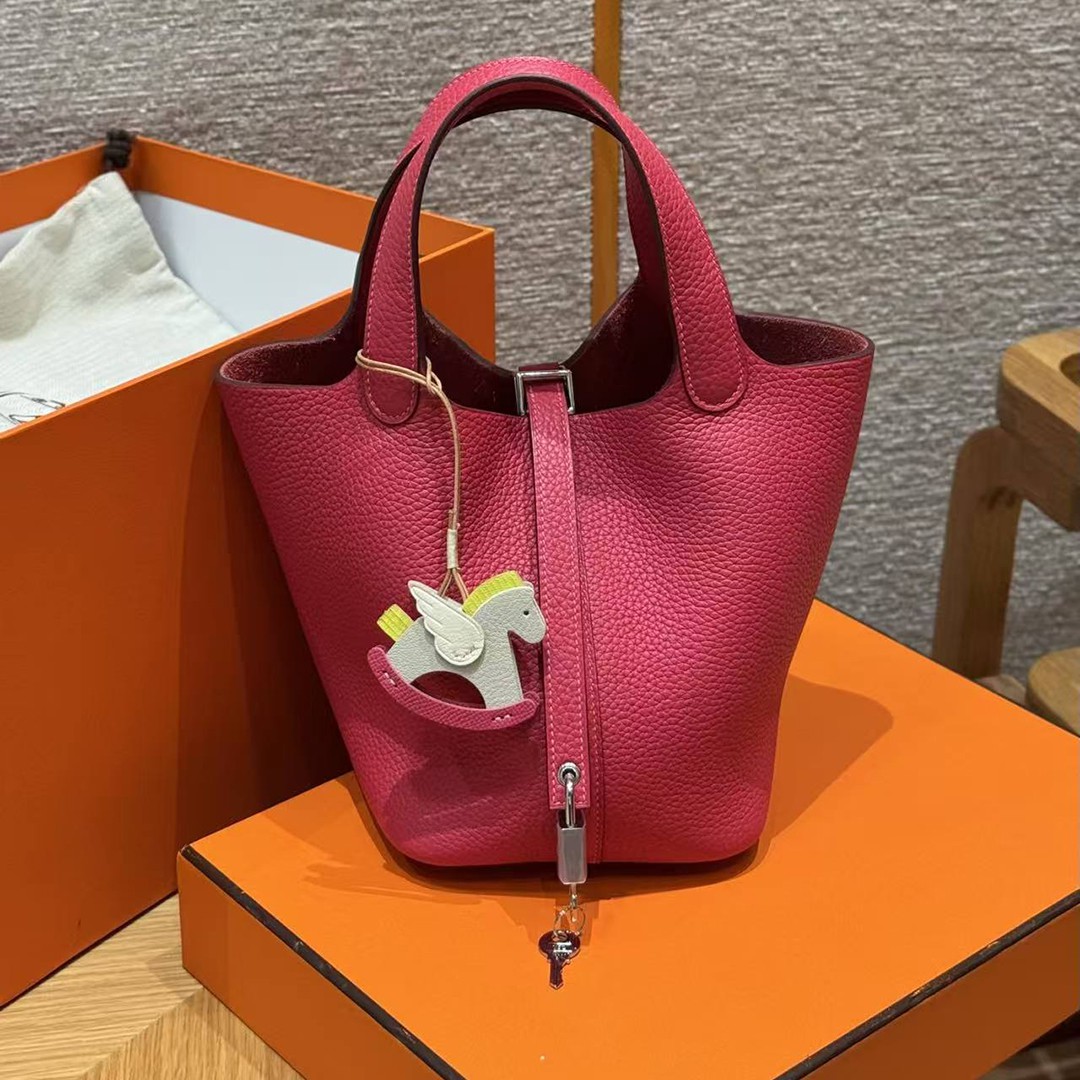 Hermes Picotin Lock 18 CM Bag Handmade In Taurillon Clemence Leather Silver Hardware 90 Framboise - Image 3