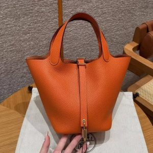 Hermes Picotin Lock 18 CM Bag Handmade In Taurillon Clemence Leather Gold Hardware 93 Orange