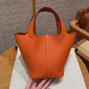 Hermes Picotin Lock 18 CM Bag Handmade In Taurillon Clemence Leather Gold Hardware 93 Orange - Image 2