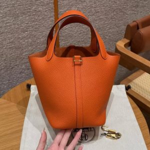 Hermes Picotin Lock 18 CM Bag Handmade In Taurillon Clemence Leather Gold Hardware 93 Orange - Image 16