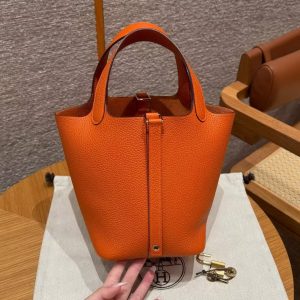 Hermes Picotin Lock 18 CM Bag Handmade In Taurillon Clemence Leather Gold Hardware 93 Orange - Image 15