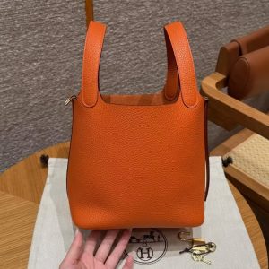 Hermes Picotin Lock 18 CM Bag Handmade In Taurillon Clemence Leather Gold Hardware 93 Orange - Image 14