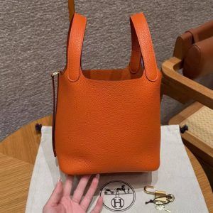 Hermes Picotin Lock 18 CM Bag Handmade In Taurillon Clemence Leather Gold Hardware 93 Orange - Image 13