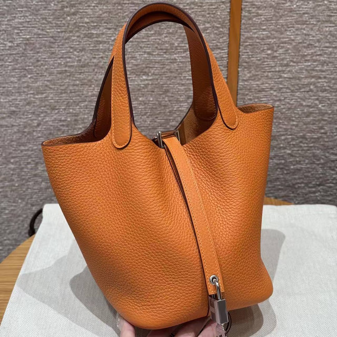 Hermes Picotin Lock 18 CM Bag Handmade In Taurillon Clemence Leather Silver Hardware 93 Orange