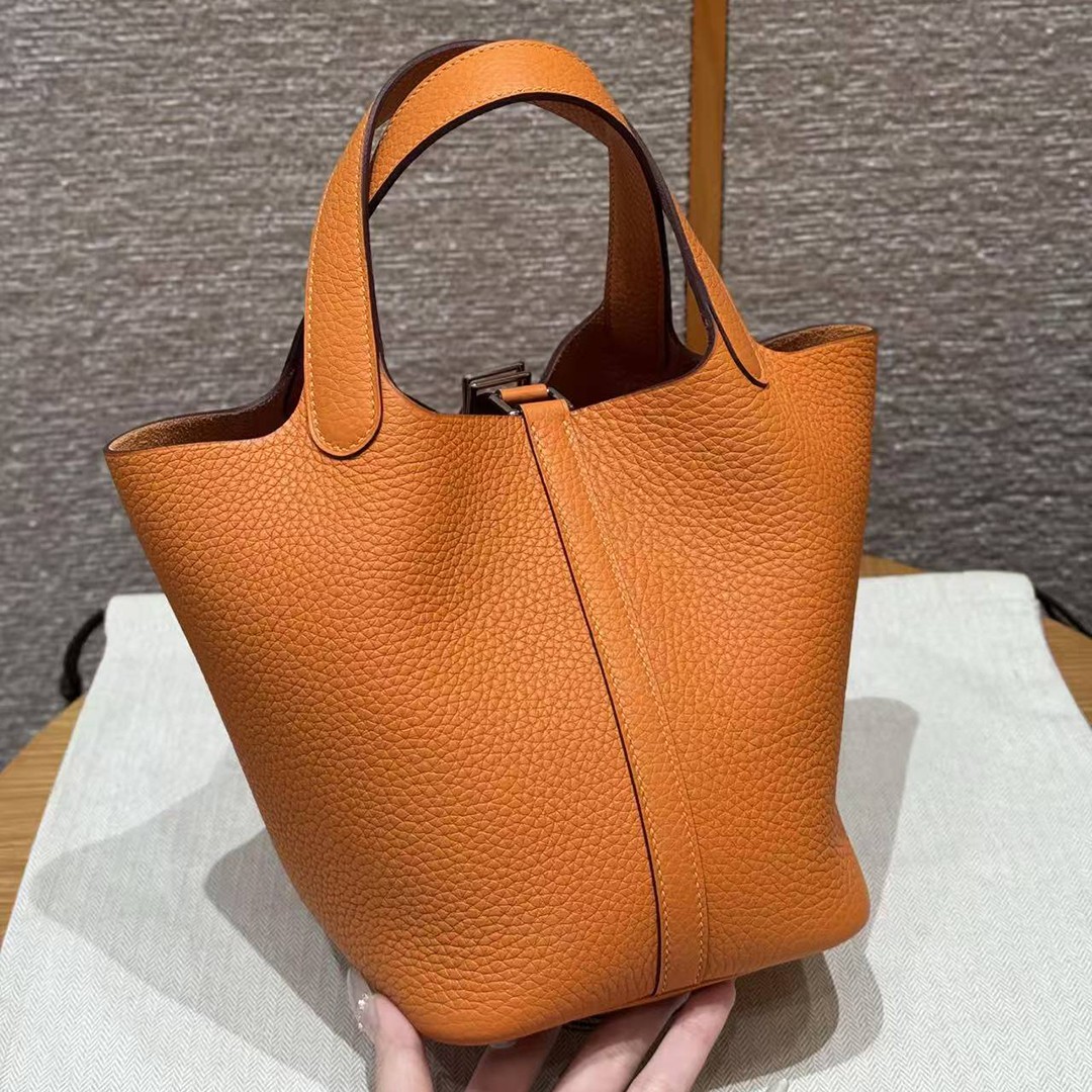 Hermes Picotin Lock 18 CM Bag Handmade In Taurillon Clemence Leather Silver Hardware 93 Orange - Image 2