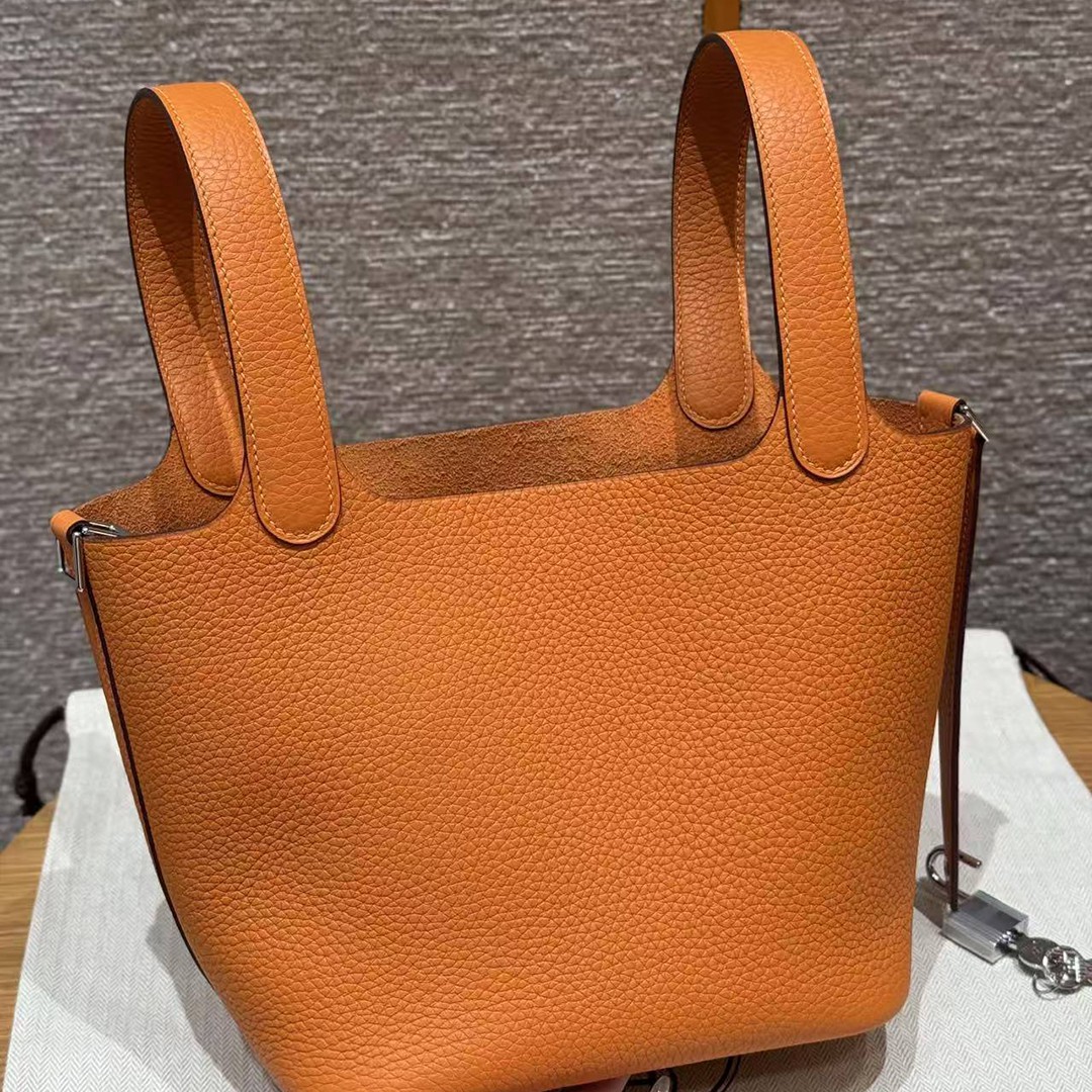 Hermes Picotin Lock 18 CM Bag Handmade In Taurillon Clemence Leather Silver Hardware 93 Orange - Image 16