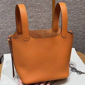 Hermes Picotin Lock 18 CM Bag Handmade In Taurillon Clemence Leather Silver Hardware 93 Orange - Image 15