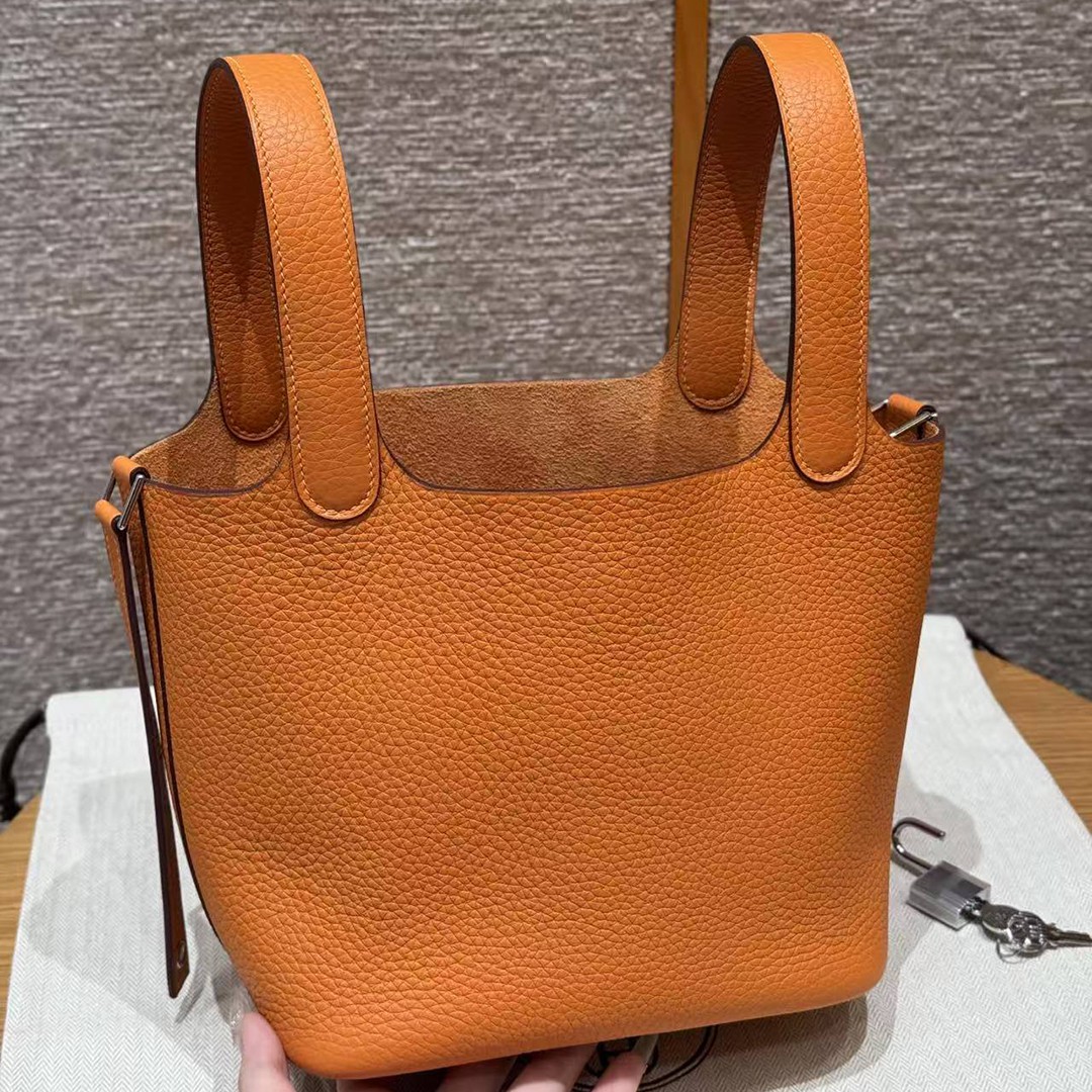 Hermes Picotin Lock 18 CM Bag Handmade In Taurillon Clemence Leather Silver Hardware 93 Orange - Image 15