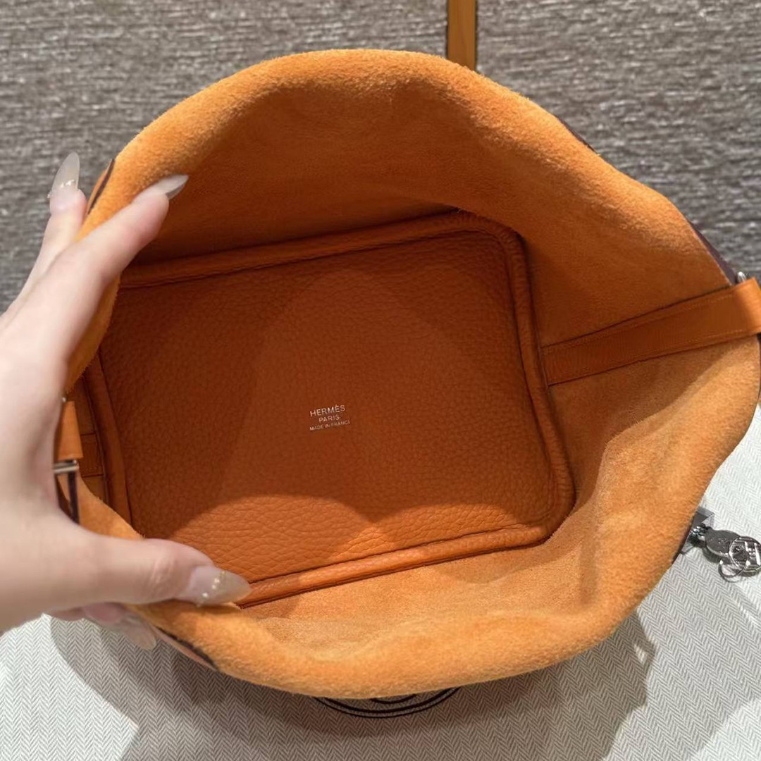 Hermes Picotin Lock 18 CM Bag Handmade In Taurillon Clemence Leather Silver Hardware 93 Orange - Image 13