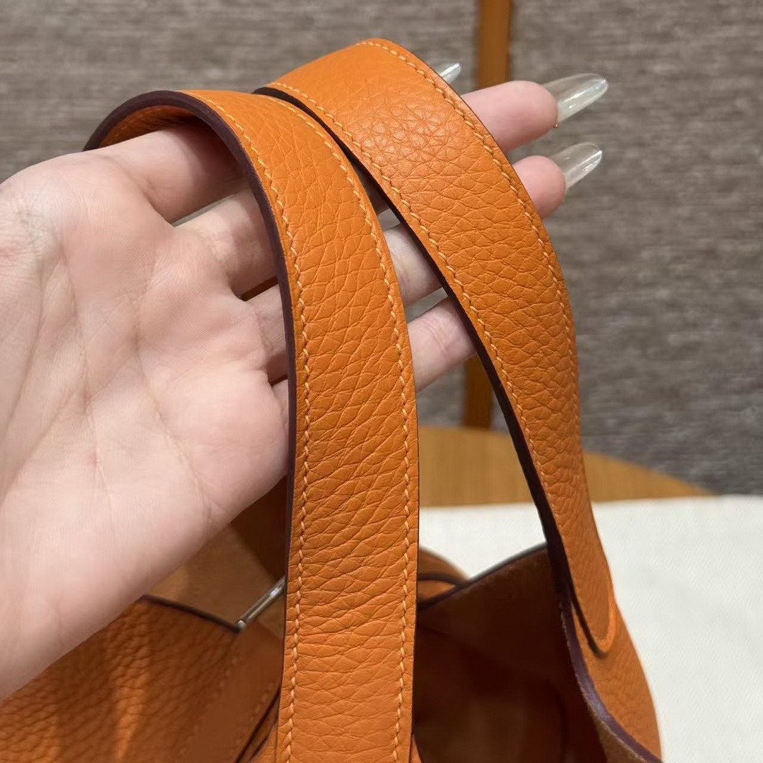 Hermes Picotin Lock 18 CM Bag Handmade In Taurillon Clemence Leather Silver Hardware 93 Orange - Image 11