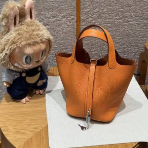 Hermes Picotin Lock 18 CM Bag Handmade In Taurillon Clemence Leather Silver Hardware 93 Orange - Image 10