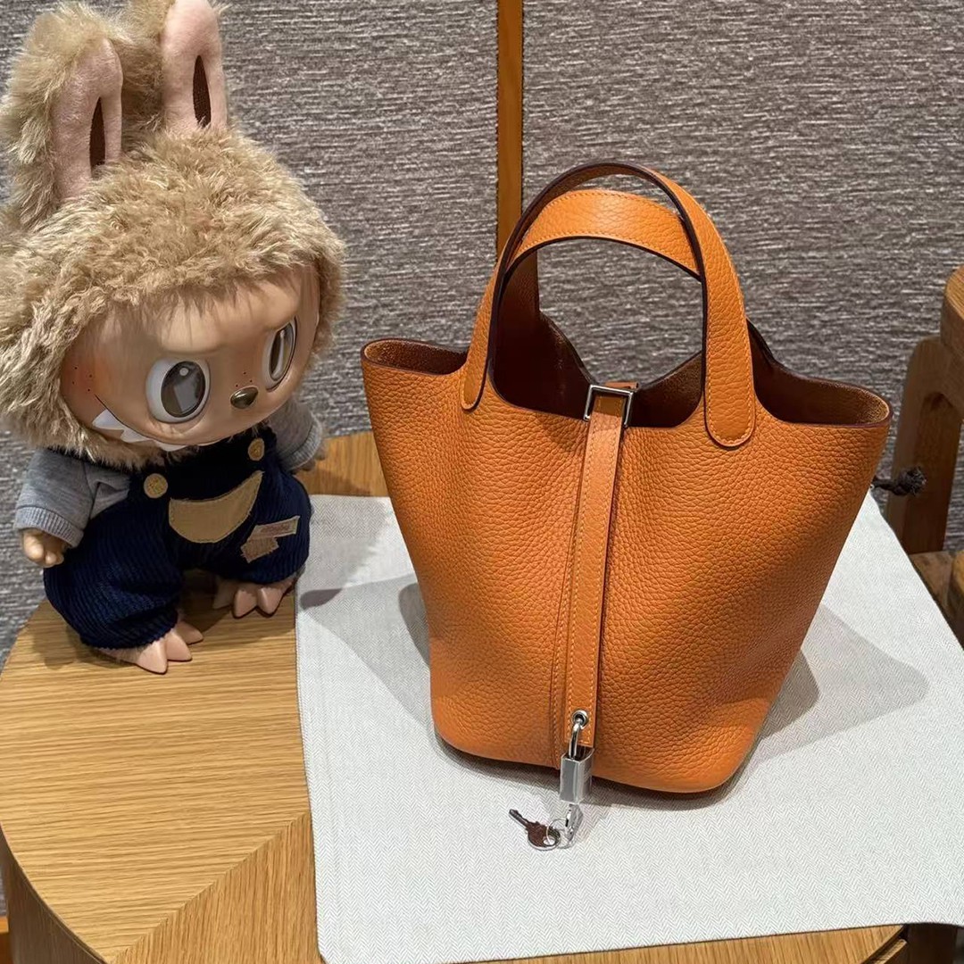 Hermes Picotin Lock 18 CM Bag Handmade In Taurillon Clemence Leather Silver Hardware 93 Orange - Image 10