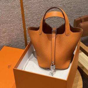 Hermes Picotin Lock 18 CM Bag Handmade In Taurillon Clemence Leather Silver Hardware 93 Orange - Image 9