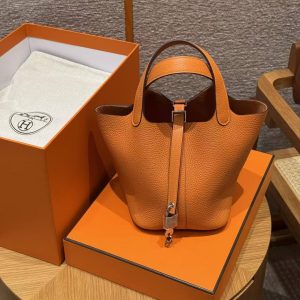 Hermes Picotin Lock 18 CM Bag Handmade In Taurillon Clemence Leather Silver Hardware 93 Orange - Image 8