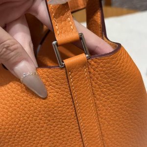 Hermes Picotin Lock 18 CM Bag Handmade In Taurillon Clemence Leather Silver Hardware 93 Orange - Image 4