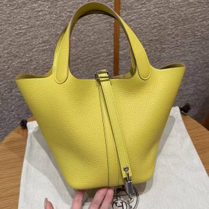 Hermes Picotin Lock 18 CM Bag Handmade In Taurillon Clemence Leather Silver Hardware 9R Lime - Image 2