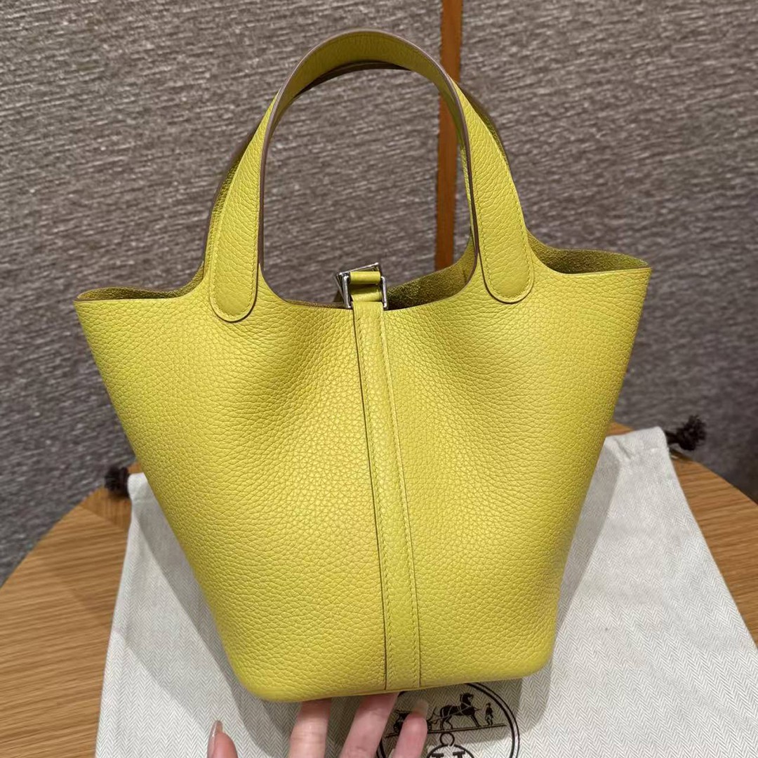 Hermes Picotin Lock 18 CM Bag Handmade In Taurillon Clemence Leather Silver Hardware 9R Lime - Image 20