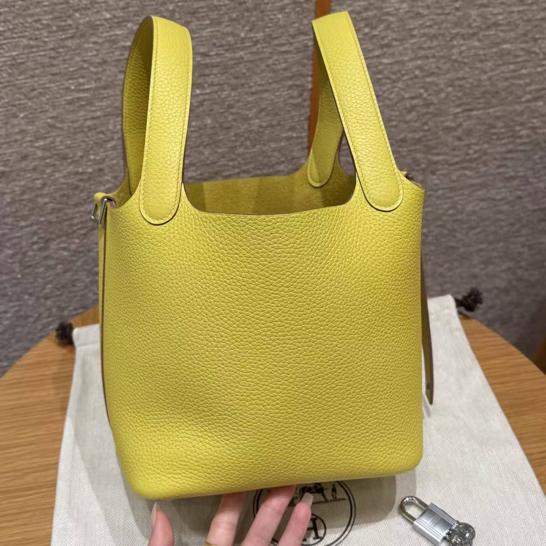 Hermes Picotin Lock 18 CM Bag Handmade In Taurillon Clemence Leather Silver Hardware 9R Lime - Image 18