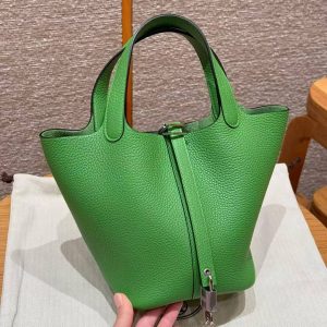 Hermes Picotin Lock 18 CM Bag Handmade In Taurillon Clemence Leather Silver Hardware A8 Vert Yucca