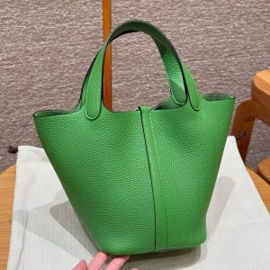 Hermes Picotin Lock 18 CM Bag Handmade In Taurillon Clemence Leather Silver Hardware A8 Vert Yucca - Image 2