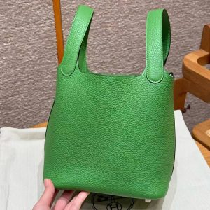 Hermes Picotin Lock 18 CM Bag Handmade In Taurillon Clemence Leather Silver Hardware A8 Vert Yucca - Image 15