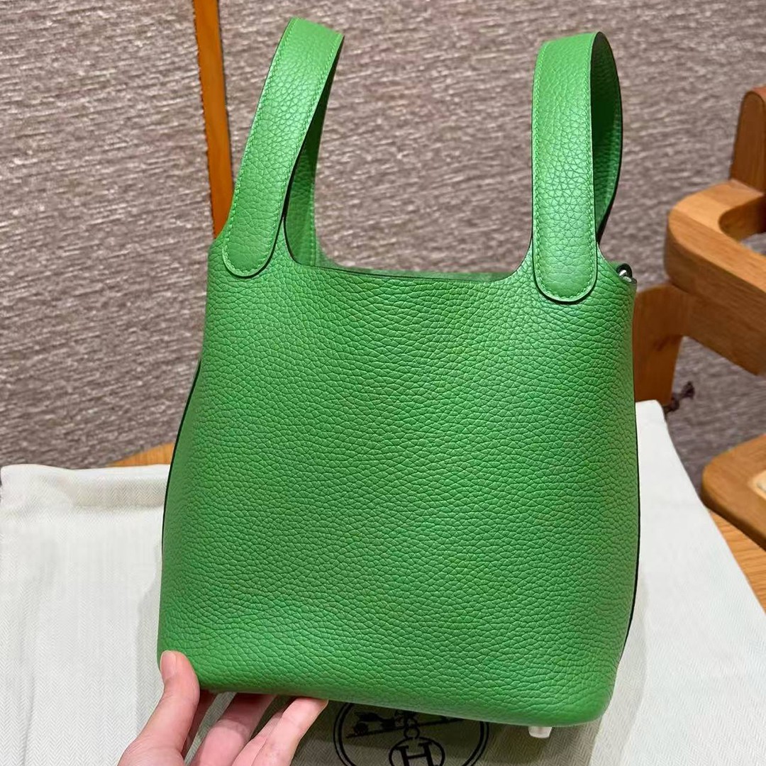 Hermes Picotin Lock 18 CM Bag Handmade In Taurillon Clemence Leather Silver Hardware A8 Vert Yucca - Image 15