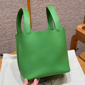 Hermes Picotin Lock 18 CM Bag Handmade In Taurillon Clemence Leather Silver Hardware A8 Vert Yucca - Image 14