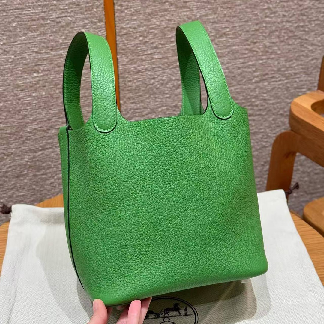 Hermes Picotin Lock 18 CM Bag Handmade In Taurillon Clemence Leather Silver Hardware A8 Vert Yucca - Image 14