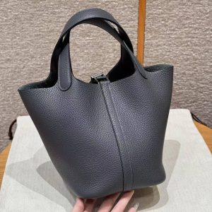 Hermes Picotin Lock 18 CM Bag Handmade In Taurillon Clemence Leather Silver Hardware H0 Girs Misty - Image 2