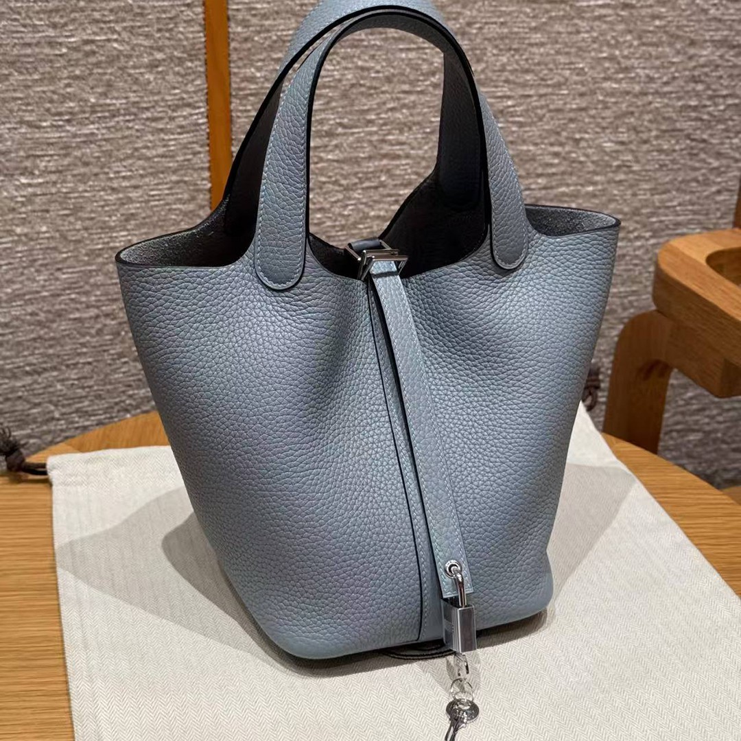 Hermes Picotin Lock 18 CM Bag Handmade In Taurillon Clemence Leather Silver Hardware J7 Blue Lin