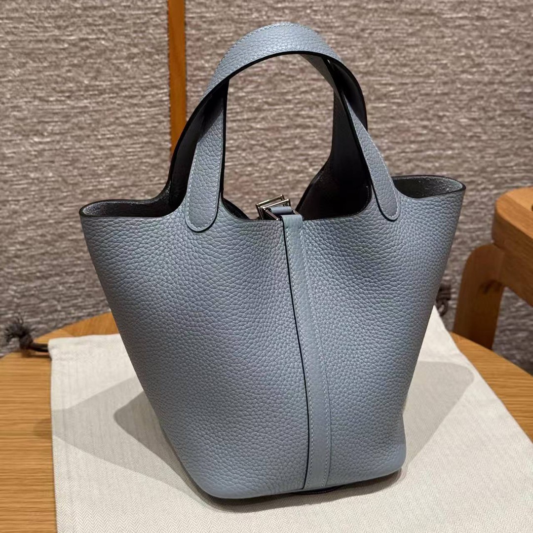 Hermes Picotin Lock 18 CM Bag Handmade In Taurillon Clemence Leather Silver Hardware J7 Blue Lin - Image 2