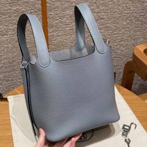 Hermes Picotin Lock 18 CM Bag Handmade In Taurillon Clemence Leather Silver Hardware J7 Blue Lin - Image 17