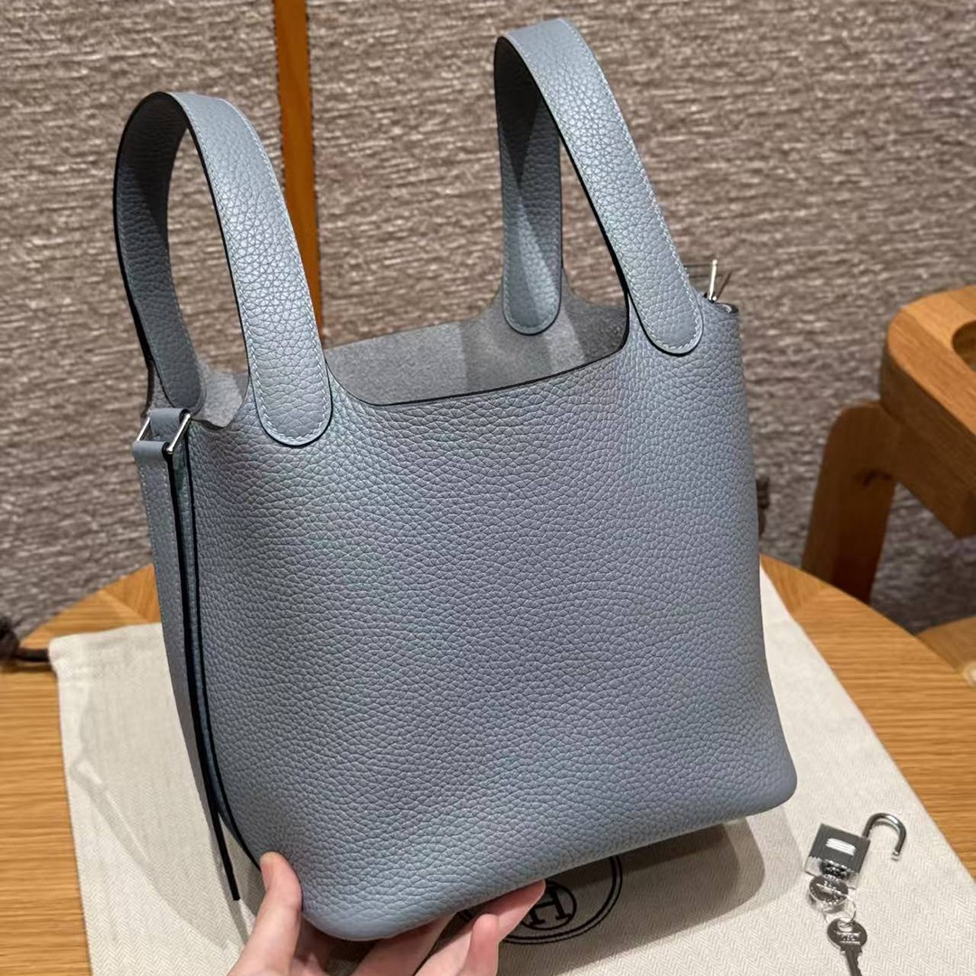 Hermes Picotin Lock 18 CM Bag Handmade In Taurillon Clemence Leather Silver Hardware J7 Blue Lin - Image 17