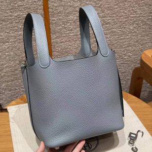 Hermes Picotin Lock 18 CM Bag Handmade In Taurillon Clemence Leather Silver Hardware J7 Blue Lin - Image 16