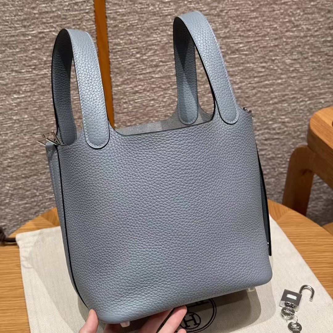 Hermes Picotin Lock 18 CM Bag Handmade In Taurillon Clemence Leather Silver Hardware J7 Blue Lin - Image 16