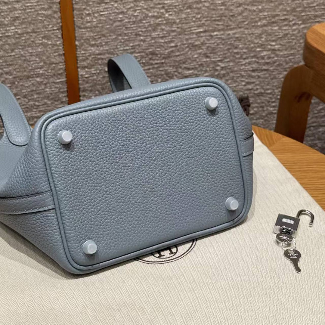 Hermes Picotin Lock 18 CM Bag Handmade In Taurillon Clemence Leather Silver Hardware J7 Blue Lin - Image 15