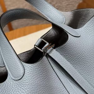 Hermes Picotin Lock 18 CM Bag Handmade In Taurillon Clemence Leather Silver Hardware J7 Blue Lin - Image 10