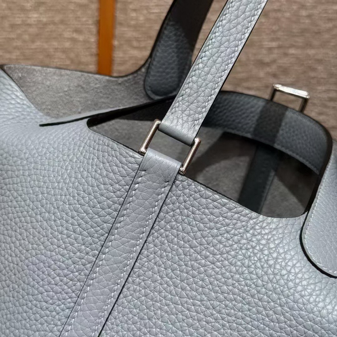 Hermes Picotin Lock 18 CM Bag Handmade In Taurillon Clemence Leather Silver Hardware J7 Blue Lin - Image 9