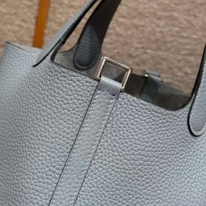 Hermes Picotin Lock 18 CM Bag Handmade In Taurillon Clemence Leather Silver Hardware J7 Blue Lin - Image 8